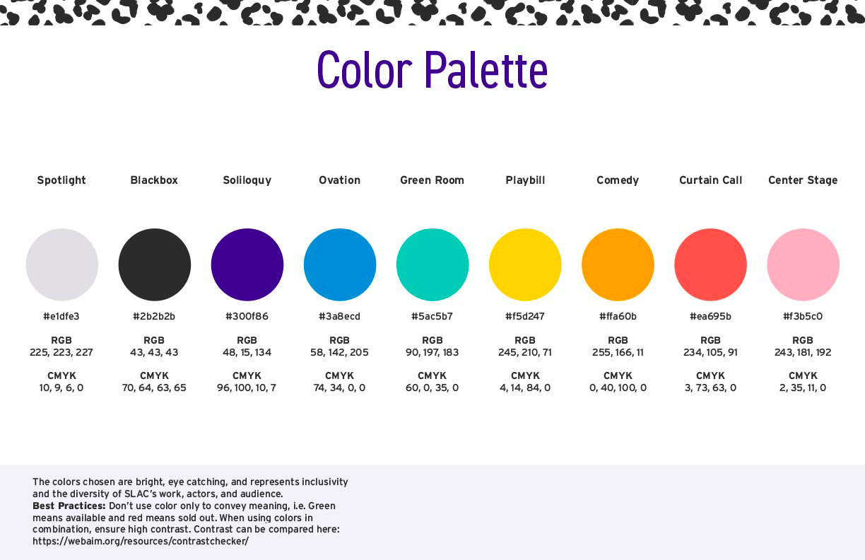 A style guide sample featuring the heading "Color Palette" and 9 different brightly-colored circles with various design codes
